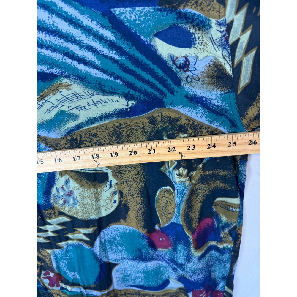 Vinatge 90s Rivage Mens 2XL Abstract Art Button Down Shirt Rayon Teal Gold - Picture 5 of 11